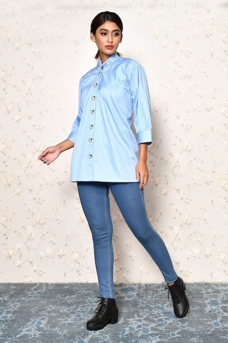 Naintara Bajaj Blue Cotton Embellished Chain Ruffle High Neck Collar Shirt