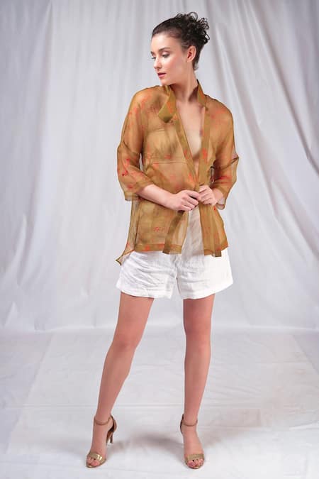 Seesa Green Organza, Silk Sequins Mandarin Collar Sheer Printed Shirt 