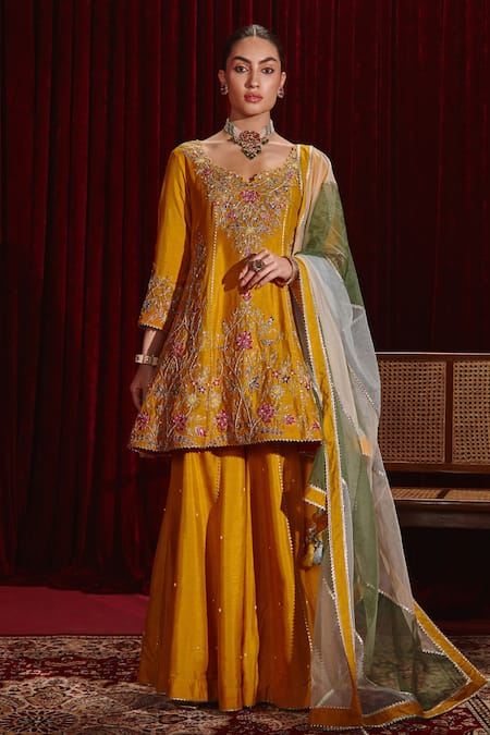 Ajiesh Oberoi Yellow Dupion Silk And Organza Embroidered Anahita Intricate Kurta Gharara Set 