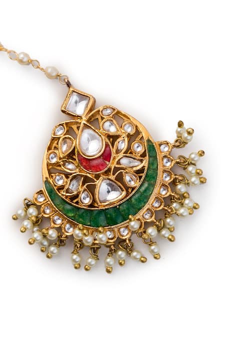 Shop Vasundhara Gold Plated Handcrafted Faux Pearl Drop Maangtikka at Aza Fashions Shop_Vasundhara_Gold Plated Handcrafted Faux Pearl Drop Maangtikka _at_Aza_Fashions