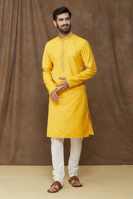 Arihant Rai Sinha_Yellow Linen, Cotton Embroidery Bright Thread Work Placket Kurta_Online_at_Aza_Fashions