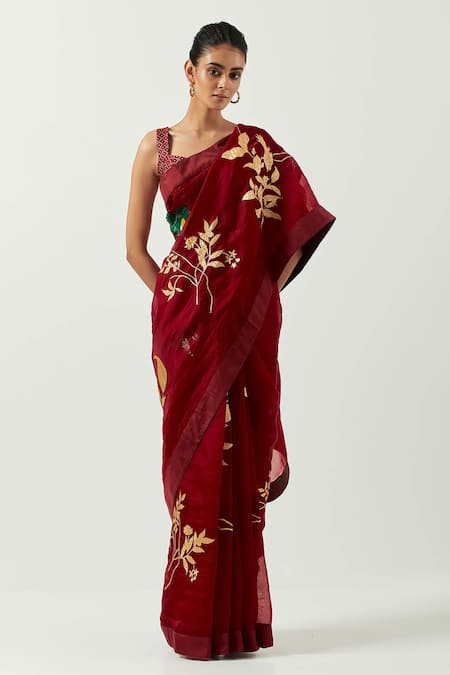 Label Earthen Maroon Organza Silk Embroidered Applique Chameli Saree With Blouse 