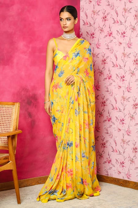 Dohr India Garden Print Saree With Unstitched Blouse Piece 