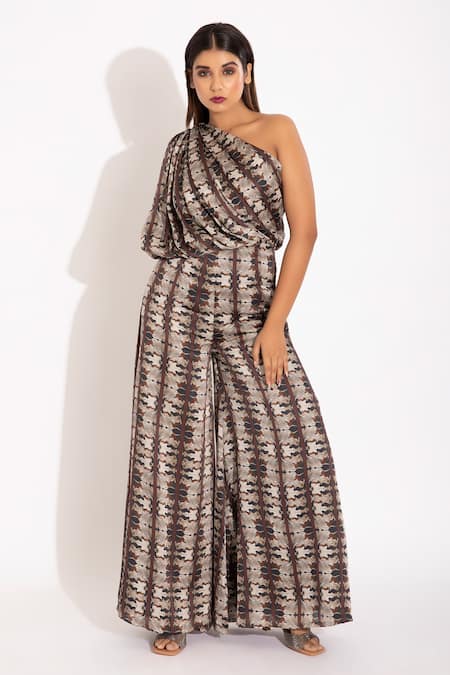 Studio Surbhi_Blue Georgette, Satin One Shoulder Draped Bodice Jumpsuit _Online_at_Aza_Fashions