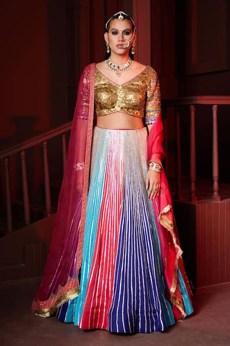 Pratibha Sultania Multi Color Organza Embellished Gota Lines V Neck Lehenga Set 