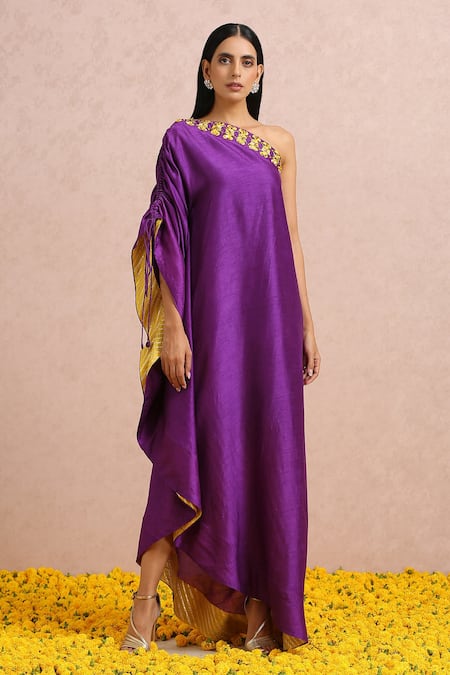 Label Nitika Purple Madras Silk Hand Embroidered Sequin And Bead Work One Shoulder Neck Dress 