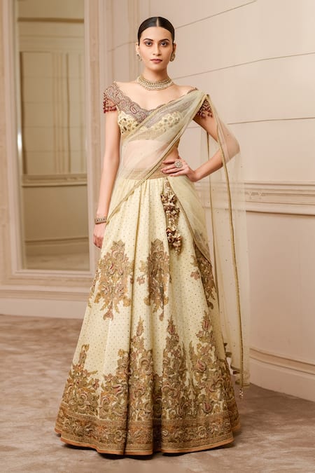 Tarun Tahiliani Ivory Lehenga- Linen Printed Floral Scallop Neck Kalidar Set