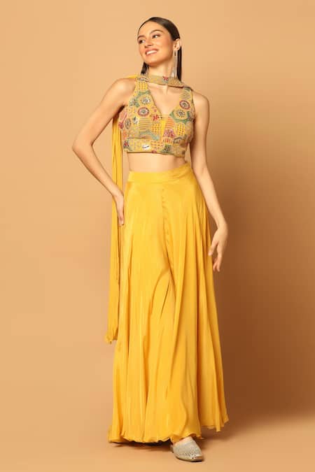 Buy_Two Sisters By Gyans_Yellow Crepe Embroidery, Sequins V-neck And Dori Blouse Palazzo Set 