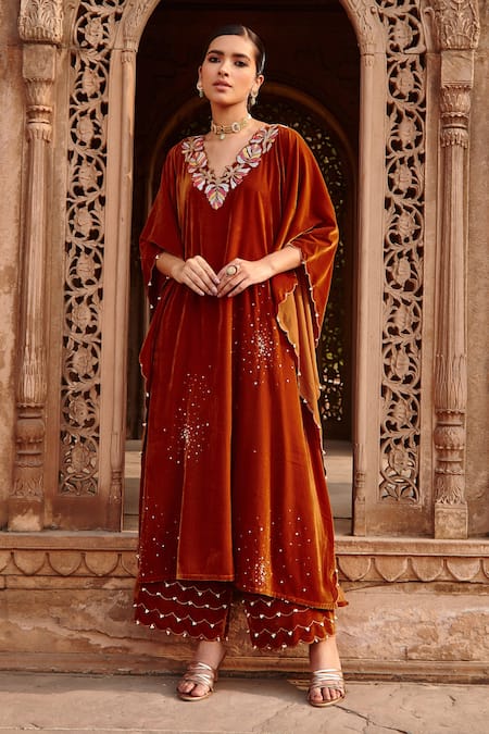 Ajiesh Oberoi Velvet Embroidered Kaftan & Pant Set 