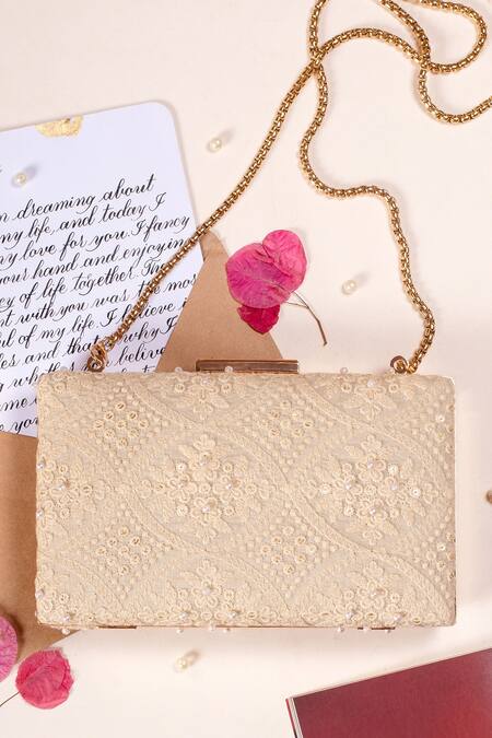 Amyra Beige Embroidery, Pearls Oyster Clutch