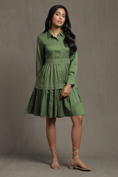 Ritu Kumar Green Cotton Satin Plain Collared Neck Ruffled Hem Shirt Dress 