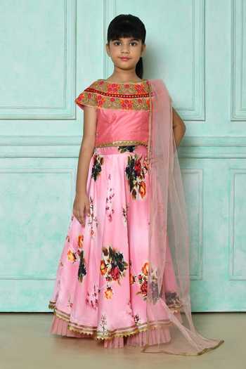 Girls Pink Lotus Print Lehenga Set with Wrap-Style Blouse.?? main image 1