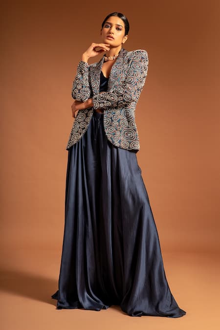 Sejal Kamdar Blue Pure Satin Print Ajrak Lapel Collar Jacket And Fluid Pant Set  