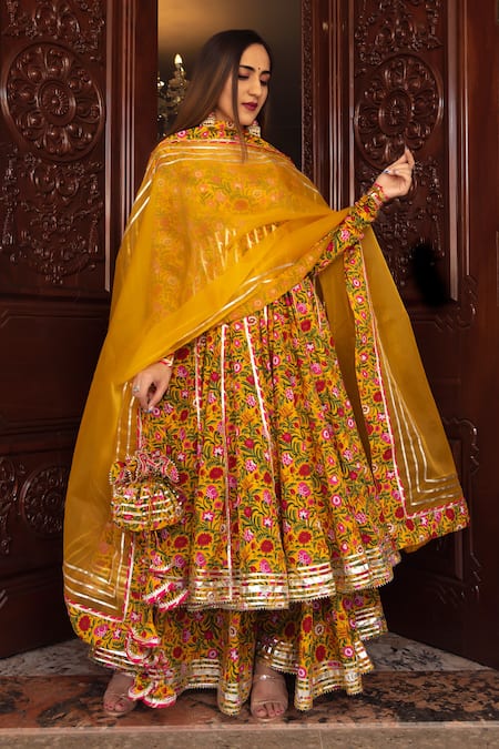 POMCHA JAIPUR Yellow Dupatta Organza Print Floral Round Neck Mastani Botanical Anarkali Set 