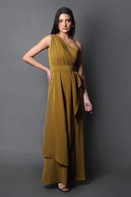 ZAPAKA Women Green Formal Jumpsuits One Shoulder Party Rompers