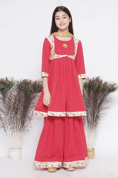 Buy Little Bansi Red Cotton, Silk, Net Embroidery Frock Kurta Sharara Set Online at Aza Fashions Buy_Little Bansi_Red Cotton, Silk, Net Embroidery Frock Kurta Sharara Set _Online_at_Aza_Fashions