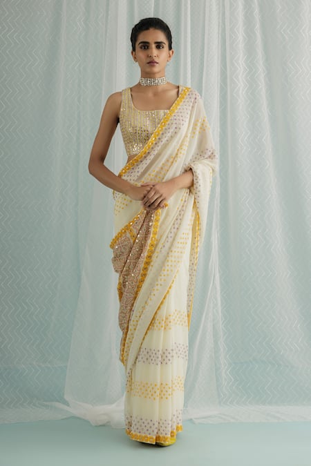 Surbhi Gupta Ivory Saree Georgette Blouse Cotton Silk Print Polka Siah With 