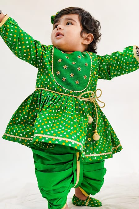 Tiber Taber Green 100% Cotton Bandhani Angrakha Kurta And Dhoti Pant Set 
