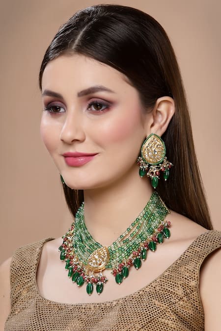 Shop_Dugran By Dugristyle_Green Pearls, Lace, Stones Bead Drop Necklace Set _at_Aza_Fashions