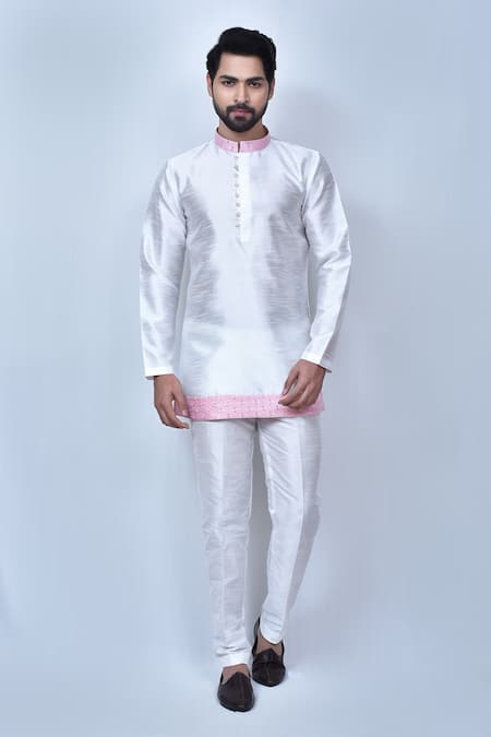 Arihant Rai Sinha Off White Art Silk Embroidery Thread Placement Short Kurta Set 