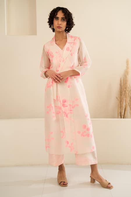 Arcvsh By Pallavi Singh Pink Organza, Chanderi Embroidery Collared Floral Print Jacket With Jumpsuit 