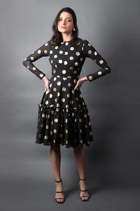 Buy Swatee Singh Black Georgette High Neck Polka Dot Print Flared Dress at Aza Fashions Buy_Swatee Singh_Black Georgette High Neck Polka Dot Print Flared Dress _at_Aza_Fashions