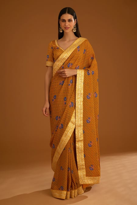 Shyam Narayan Prasad Floret Print & Gota Work Saree With Blouse 