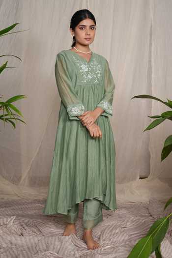 Pants And Pajamas_Green Chanderi, Cotton, Candy Stick Moss Chikankari Kurta And Pant - Set Of 2 _Online_at_Aza_Fashions