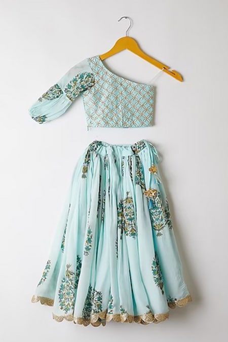 Yuvraani Jaipur Blue Muslin Zari, Tassels Embroidered One Shoulder Top And Skirt 