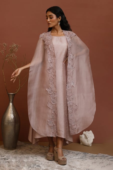 Neha Poddar Beige Cape Organza And Dress Summer Silk Embroidery Bead & Border & Set