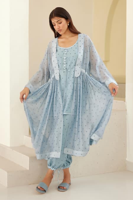 Cotton and Clay Blue Modal Hand Block Printed French Knots Inner Top Tunic Trouser Set  