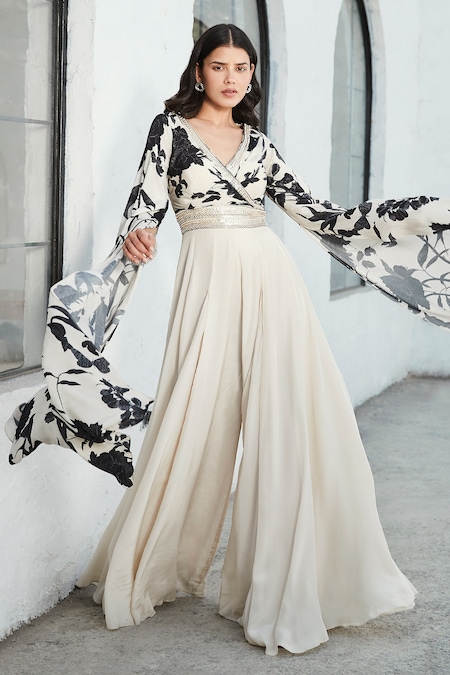 Buy_Basanti - Kapde Aur Koffee_Black Crepe Sequins, Zari Plunge Neck Garden Print And Embroidered Jumpsuit _at_Aza_Fashions