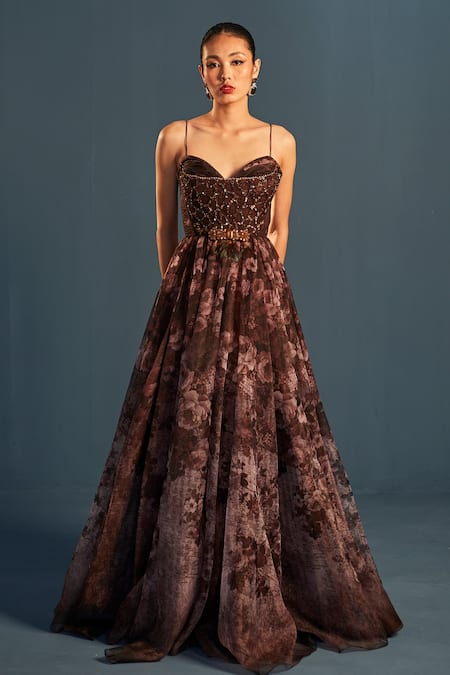 Cedar & Pine Sepia Sequin Embroidered Gown 