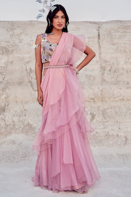 Buy Blue Organza Round Ruffle Saree Gown For Women by Babita Malkani Online  at Aza Fashions.