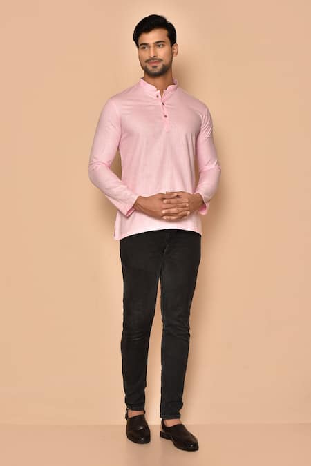 Aryavir Malhotra Pink Cotton Solid Straight Short Kurta 