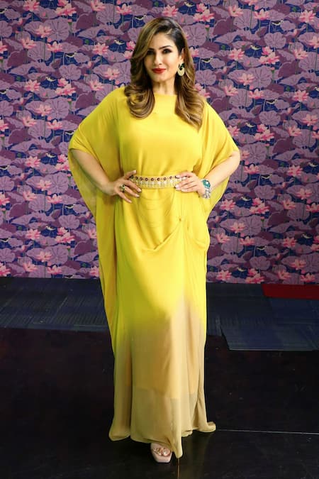 Merge Design Yellow Georgette Plain Round Ombre Kaftan With Embroidered Belt 