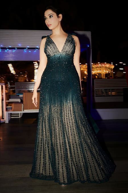 Rohit Gandhi + Rahul Khanna Green Tulle Sequins, Crystals V-neck Fermi Embellished Gown 