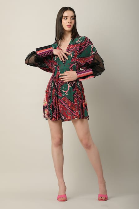 Limerick by Abirr N' Nanki Multi Color Crepe Printed V Neck Anya Bishop Sleeves Dress  