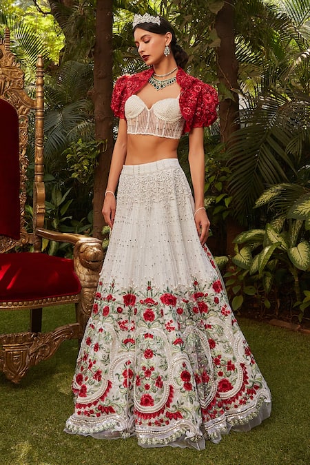 Cherie D Red Tulle And Silk Embroidery Begum Jaan Bolero Jacket & Lehenga Set 