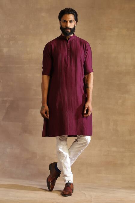 Buy Raghavendra Rathore Jodhpur Purple Silk Stitch Line Pintucked Kurta at Aza Fashions Buy_Raghavendra Rathore Jodhpur_Purple Silk Stitch Line Pintucked Kurta_at_Aza_Fashions