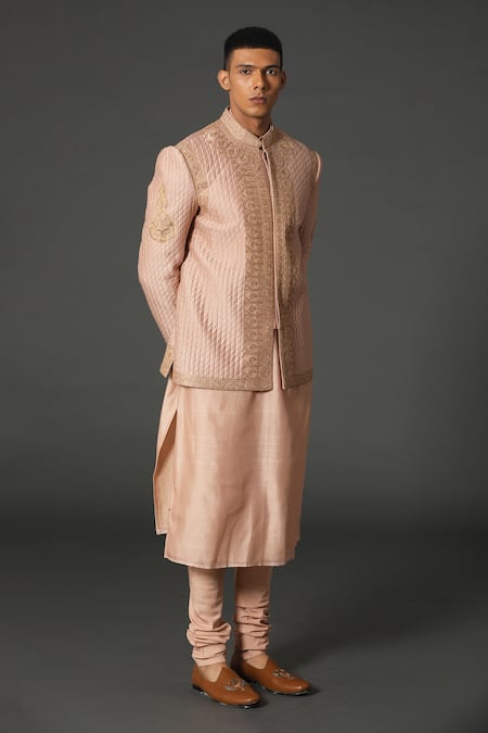 Rar Studio Pink Chanderi Handloom Woven Dori Work Bandhgala Jacket Kurta Set  