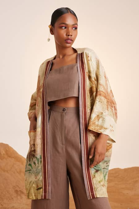 Buy_Cord_Beige Linen Square Neck June Printed Cape And Pant Set _Online_at_Aza_Fashions
