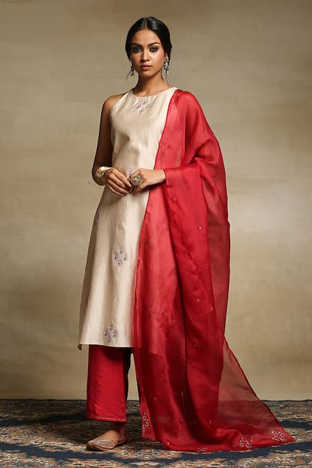 Weaver Story Beige Dupatta Organza, Handwoven Pure Chanderi, Kurta Lining Cotton Set 