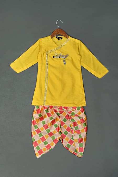 Maaikid Yellow Cotton, Silk Embroidery Krishna And Flute Embellished Kurta Set 