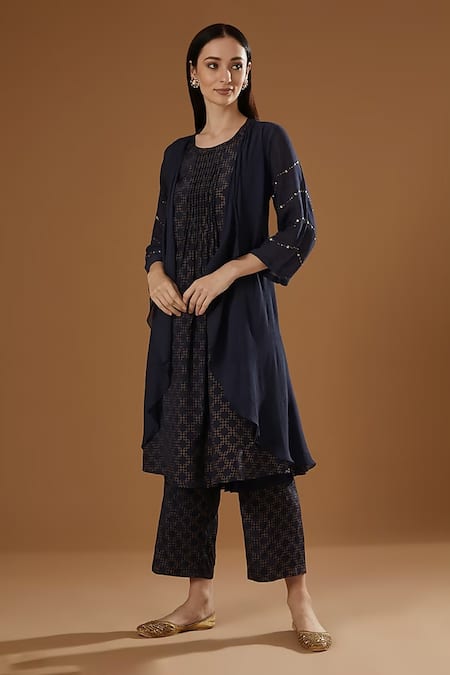 OMI Blue Crepe Sequins Open , Round Embroidered Shrug And Pant Set 