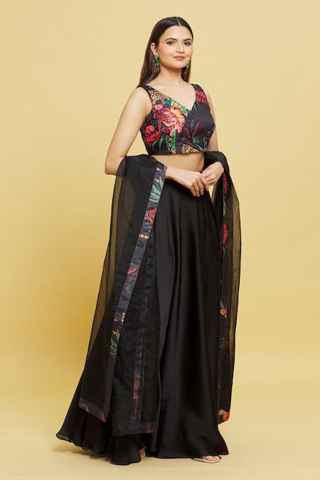 Sanjana Reddy Designs_Black Printed Forest Patterns V Neck Bouse Lehenga Set_at_Aza_Fashions