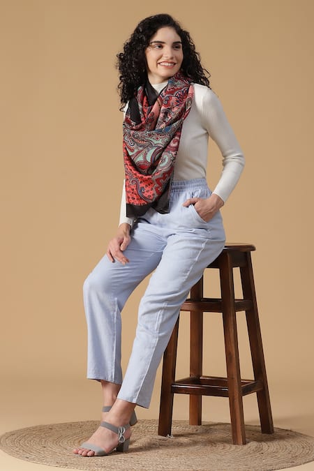 Shingora Blue Printed Paisley And Floral Pattern Stole