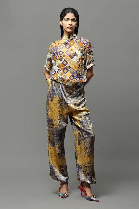AK-OK Yellow Chiffon High Neck Abstract Print Top And Joggers Set 