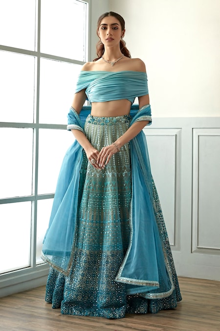 Studio Iris India Blue Organza Embroidery Mirror One Shoulder Jheel Thread Lehenga Set 