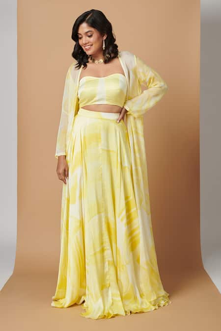 Vedika M Yellow Satin And Peppersilk Abstract Bustier Printed Skirt Set With Jacket Online at Aza Fashions Vedika M_Yellow Satin And Peppersilk Abstract Bustier Printed Skirt Set With Jacket _Online_at_Aza_Fashions